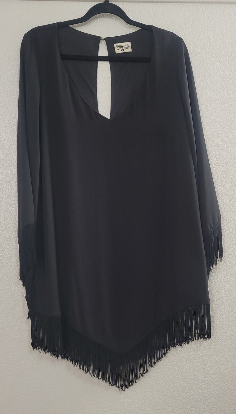 Show Me Your Mumu Rodeo Black Fringe Bell Sleeve Mini Dress Large Boho Western